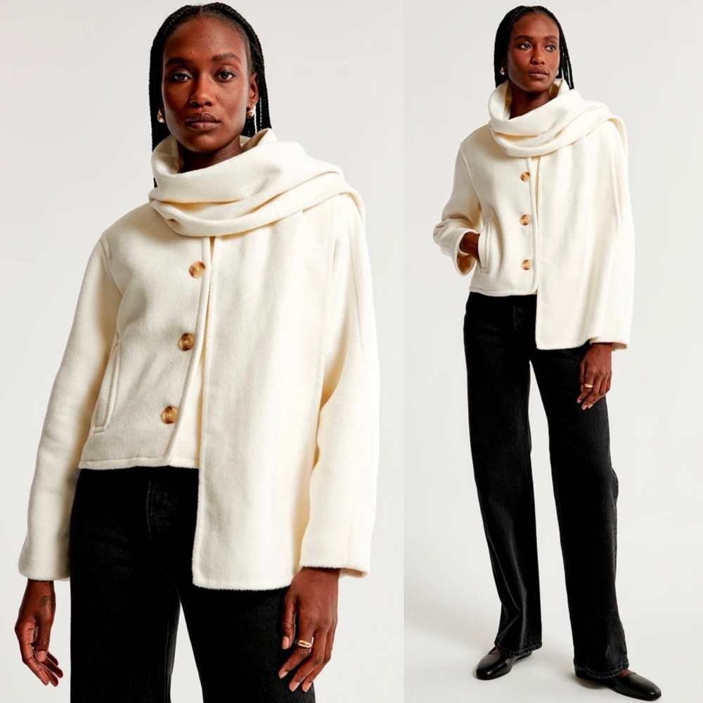 NWT Abercrombie & Fitch Removable Scarf Coat Double Cloth Wool Blend Jacket